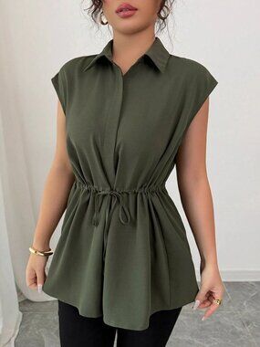 2/$45 NEW Olive Green Sleeveless Drawstring Waist Collared Blouse Tunic Top L